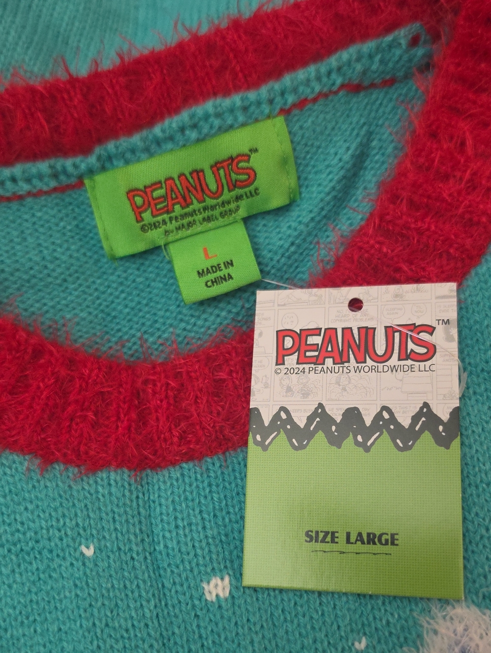 Peanuts Snoopy Ski Sweater Women Teal Fuzzy Winter Holiday Christmas Knit Size L - Picture 5 of 6